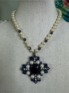 Pearl and Blue Crystal Rhinestone Statement Necklace